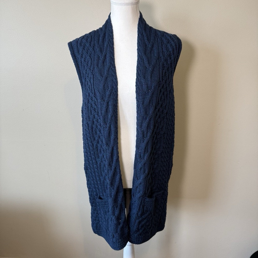 Kilronan Merino Wool Open Front Vest with‎ Pockets Blue Size Small NWOT